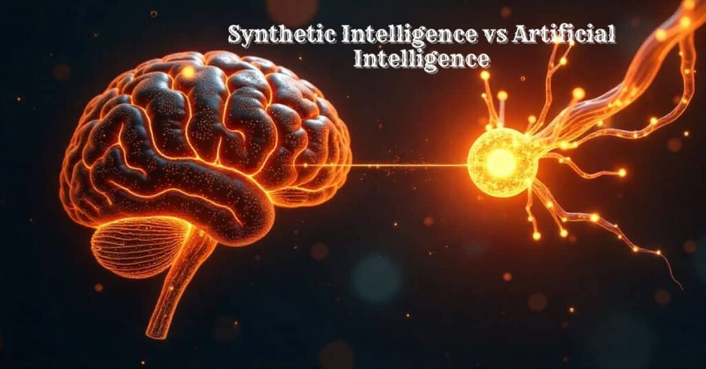 An illustration comparing the concepts of synthetic intelligence and artificial intelligence, showing the key differences.