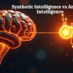 An illustration comparing the concepts of synthetic intelligence and artificial intelligence, showing the key differences.
